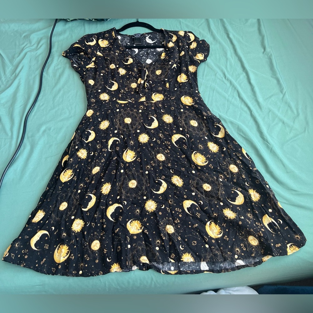 Black Midi Dress with Gold Celestial Print - Picture 2 of 4